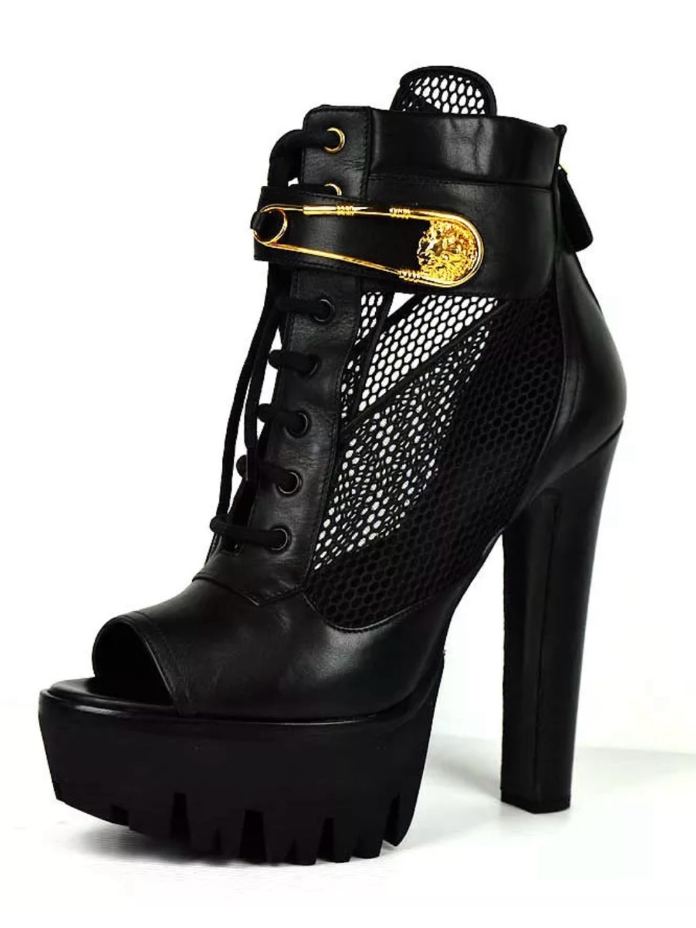 Auth Versus Versace Black Mesh Lace-Up Platform Heel with Gold Medusa Accent 41